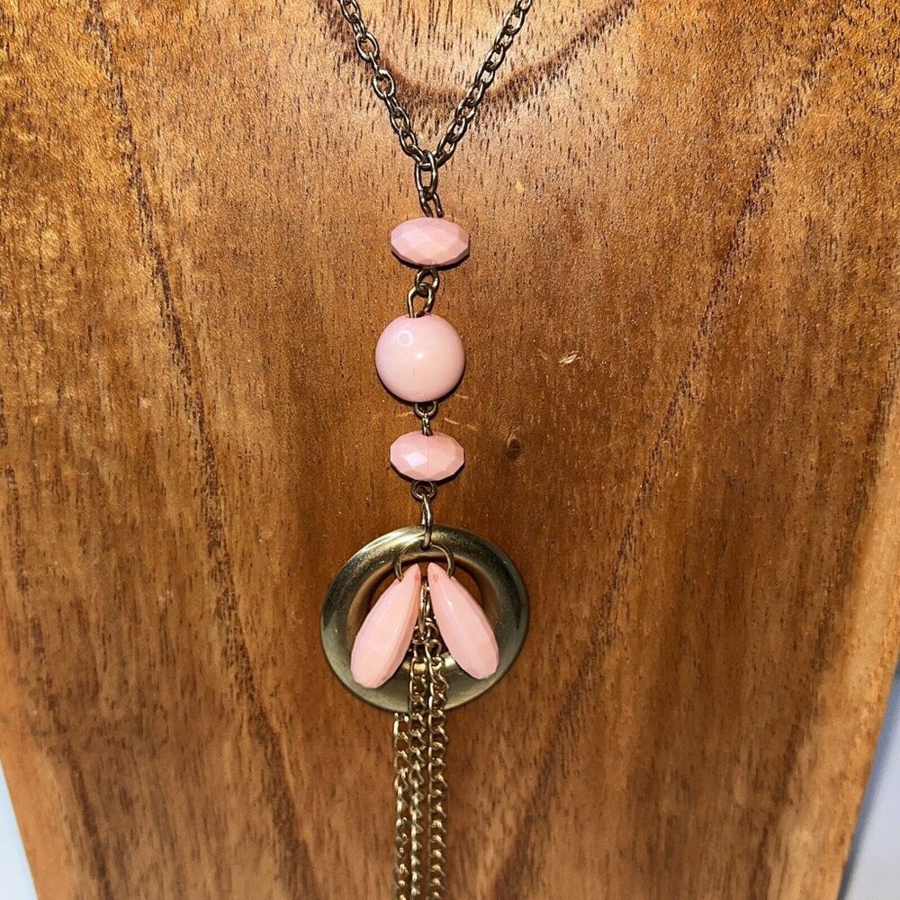 Vintage Golden Pink Faceted Beads Lariat Tassel Chain Fringe Gatsby Necklace